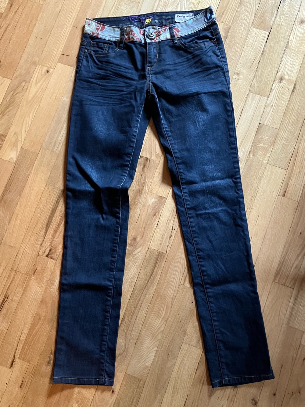 Desigual Navy Skinny Jeans with Patterned Waistband